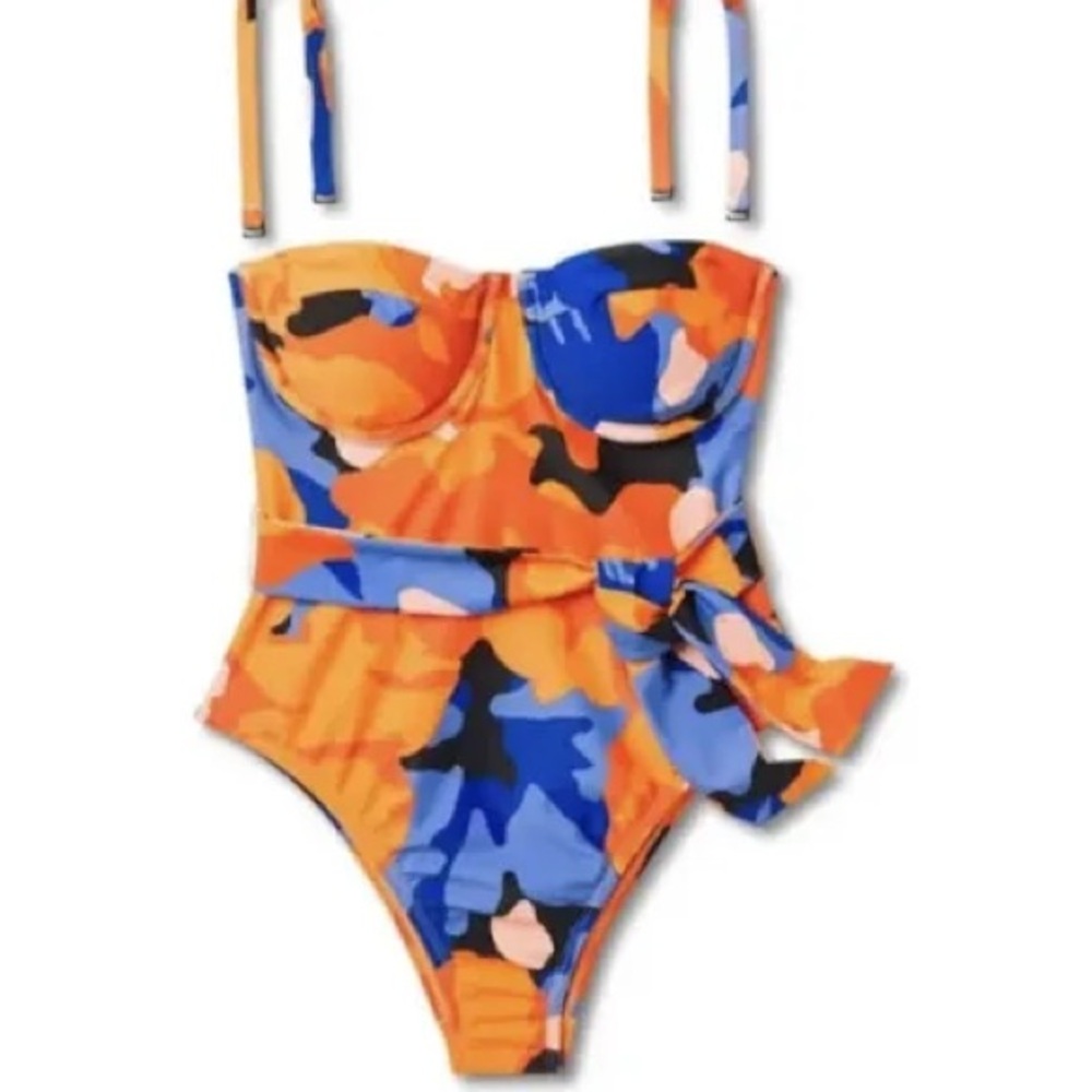 Tabitha Brown M Orange Blue Bold Floral One Piece underwire Maillot swimsuit EUC